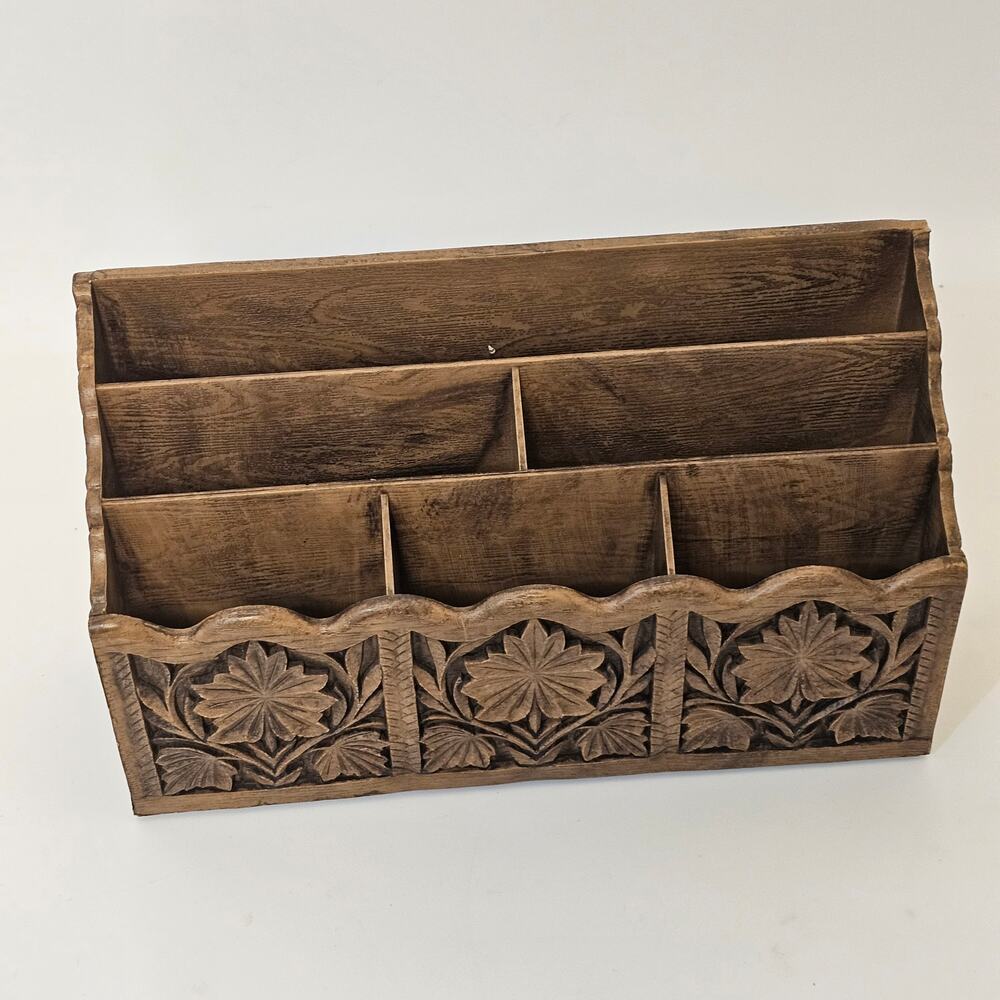 Vintage Lerner Carved Faux Wood Bamboo Letter Holder Organizer Storage Caddy+